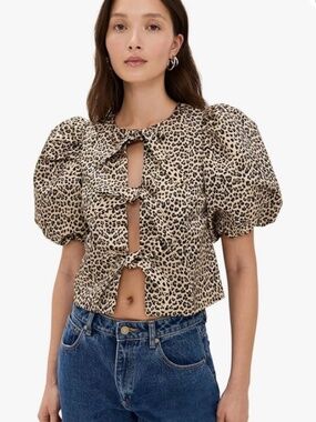Cheetah Print English Factory Women's Bow Puff Sleeve Top